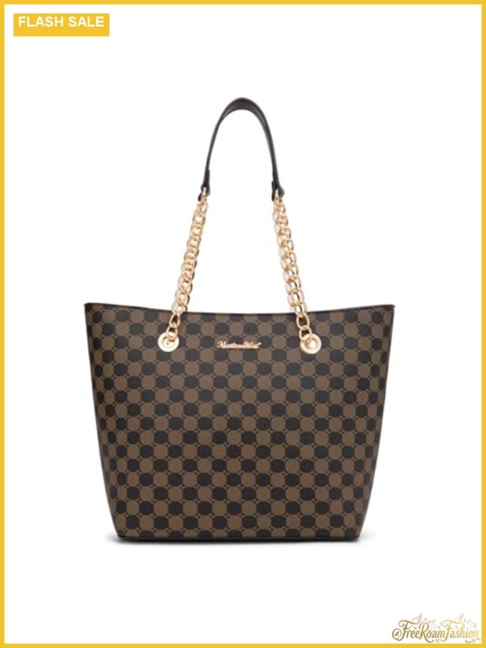 Vegan Leather Tote Bag with Golden Chain Handles - Women's Satchel